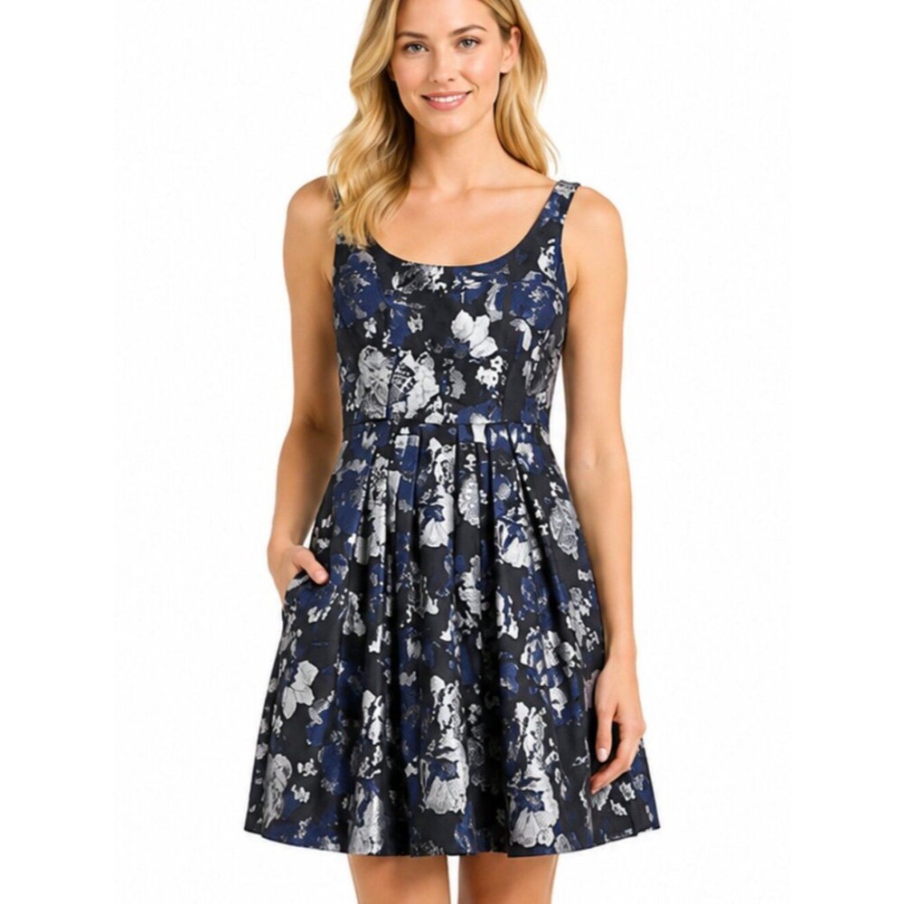 Eva Franco Floral Jacquard Fit & Flare Dress Women Blue Elegant Party Size 10